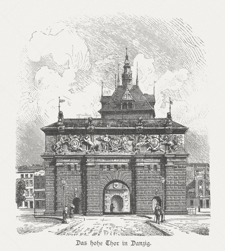 Highland Gate (1588, Hohes Tor, Brama Wyżynna) in Gdansk (Danzig), Poland (formerly Prussia, Germany). 19th century view. Wood engraving, published in 1884.