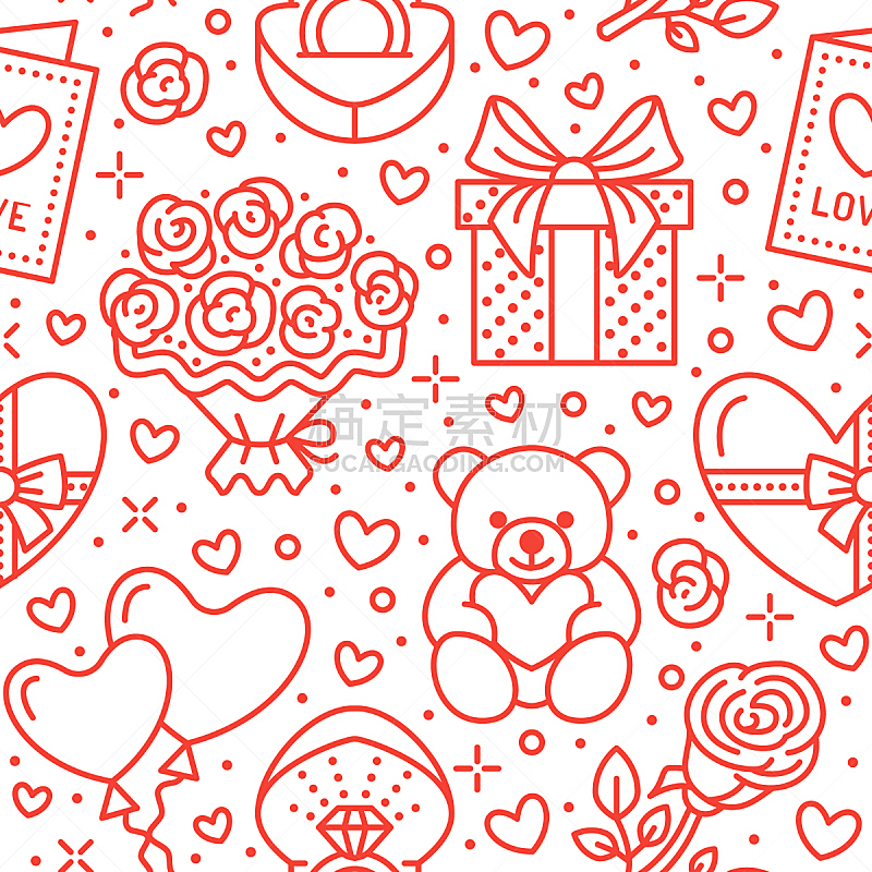 Valentines day pink seamless pattern. Love, romance flat line icons - hearts, chocolate, teddy bear, engagement ring, balloons, valentine card, red rose. Wallpaper for february 14 celebration