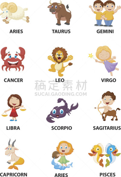 卡通,乐趣,可爱的,天秤座,双子座,水瓶座,狮子座,狮子,女人,巨蟹座