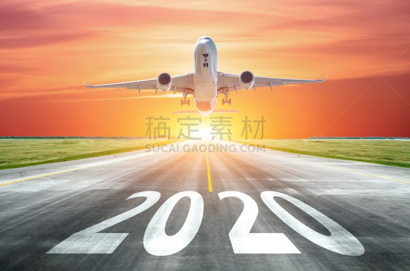 2020,旅游目的地,新年前夕,飞机,飞机跑道,概念,水面,雕刻图像,旅行,起飞