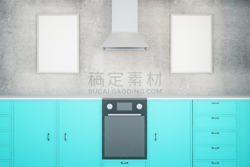 边框,蓝色,厨房,抽油烟机,留白,新的,水平画幅,墙,无人,家庭生活