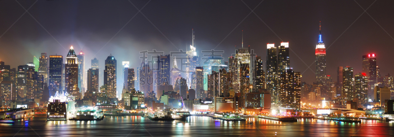 纽约,全景,城市天际线,曼哈顿,水平画幅,夜晚,无人,海港,户外,都市风景
