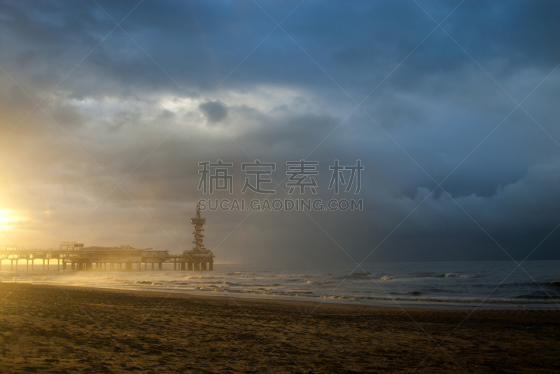 斯海弗宁恩,码头,暴风雨,水平画幅,无人,蓝色,户外,波浪,荷兰,海滩