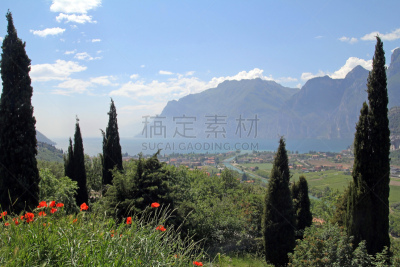 克里思蒂克走廊,加尔达湖滨,加尔达湖,水,松树,水平画幅,无人,户外,城市,静水