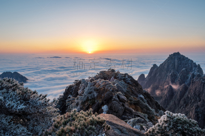 黄山山脉,中国,安徽省,天空,水平画幅,山,雪,无人,户外,白色
