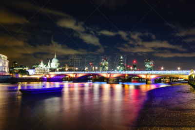 黑修道士桥,夜晚,英国,伦敦,泰晤士河,水,天空,教堂,水平画幅,银行