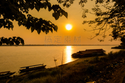城市,巴色,老挝,南,船,热,曙暮光,云,黄昏,阴影