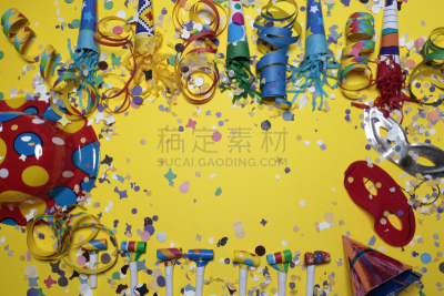 五彩纸屑,黄色,事件,贺卡,面具,彩色背景,票,玩具吹卷,图像
