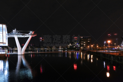 夜晚,伦敦,伦敦码头区,电缆,办公室,体育场,水,地名,水平画幅,无人