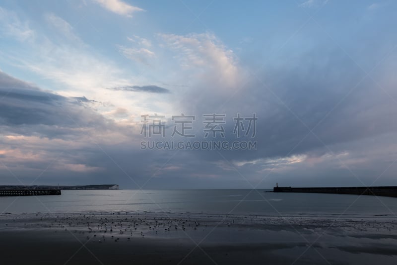 灯塔楼,黄昏,纽黑文,动物头,天空,水平画幅,云,沙子,无人,海港