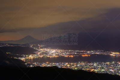 诹访,富士山,夜晚,山,城市,苏瓦湖,巴岳山,日本阿尔卑斯山脉,长野县,美