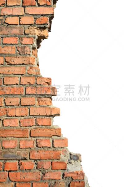 一半的,砖墙,白色背景,拆毁的,砖,麻烦,建筑业,墙,垂直画幅,褐色