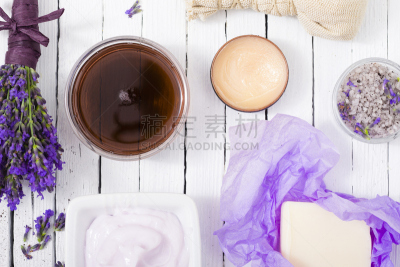 spa美容,熏衣草,彩妆,水平画幅,高视角,无人,桑拿浴,健康,浴盐,乡村风格