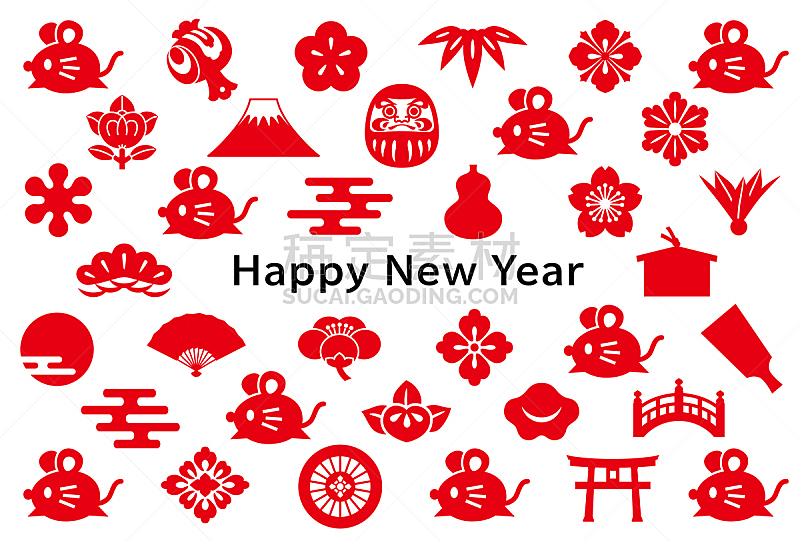 日本,计算机图标,鼠,新年卡,传统,2020,春节,新年前夕,云,复古风格