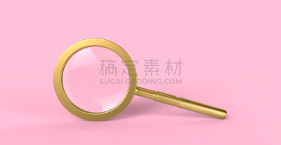 金色,放大镜,极简构图,分离着色,粉色背景,背景分离,侦探,柔和色,想法,三维图形