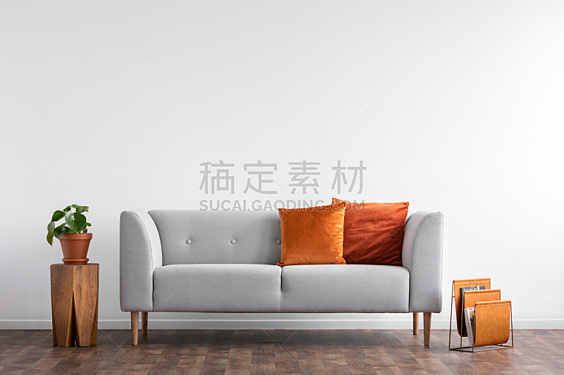 空的,橙色,沙发,起居室,白色,舒服,室内,枕头,墙,摄影