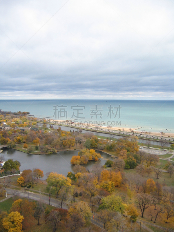 密歇根湖,林肯公墓,在上面,风景,垂直画幅,水,天空,秋天,无人,水平线