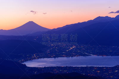 诹访,富士山,山,黎明,城市,苏瓦湖,巴岳山,日本阿尔卑斯山脉,南阿尔卑斯山脉,长野县
