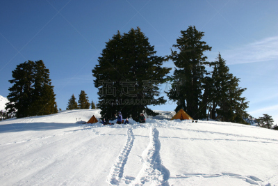 雪,拉森山,穿雪鞋走路运动,天空,水平画幅,无人,蓝色,加利福尼亚,徒步旅行,帐篷