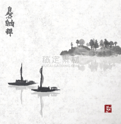 岛,雾,两只动物,拖捞船,烟灰墨,水墨画,鸬鹚,自然,垂直画幅,无人