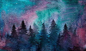 星系,夜晚,森林,水彩画,绘画插图,天空,星星,雪,光,北美