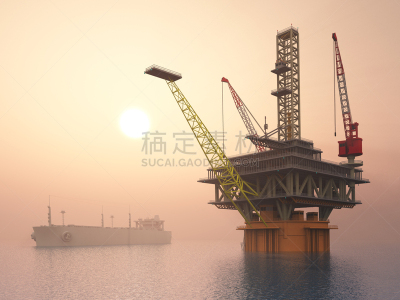 石油钻塔,大油轮,天空,水平画幅,能源,无人,绘画插图,油轮,太阳,海洋