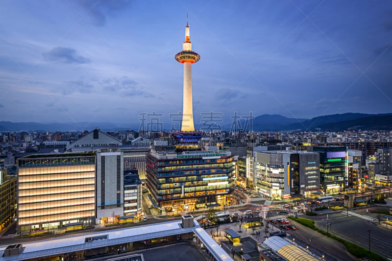 京都府,城市天际线,京都塔,祗园,公共汽车站,水平画幅,夜晚,无人,曙暮光,户外