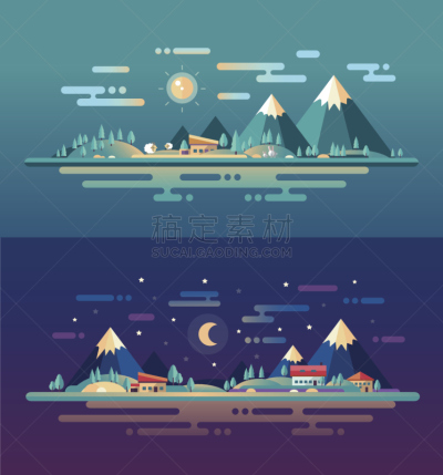 现代,想法,地形,动物,扁平化设计,房屋,天空,风,夜晚,月亮