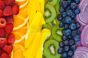 水果,蔬菜,色彩鲜艳,彩虹,健康食物,清新,生食,有机食品,正上方视角,布置