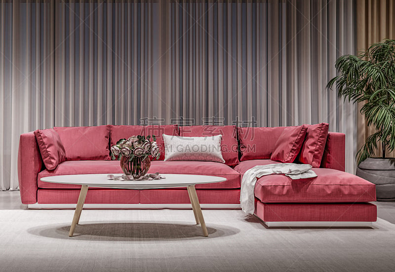 沙发,现代,起居室,红色,室内,绿色,椅子,玫瑰,空的,窗帘