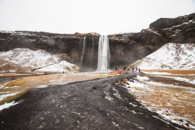 冰岛国,冬天,seljalandsfoss waterfall,风景,南,水,天空,美,水平画幅,雪
