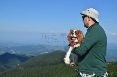 狗,男人,地形,可爱的,旅途,纯种犬,顶部,查理王小猎犬,哈巴狗,查尔斯王犬