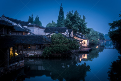 乌镇,夜晚,曙暮光,黄昏,古典式,河流,运河,户外,建筑,远古的