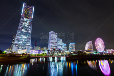 横滨,夜晚,城市天际线,留白,水平画幅,建筑,无人,日本,曙暮光,黄昏