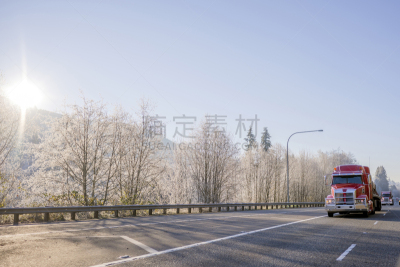 卡车,护送队,霜,公路,货物集装箱,红色,冬天,雪,跑,树