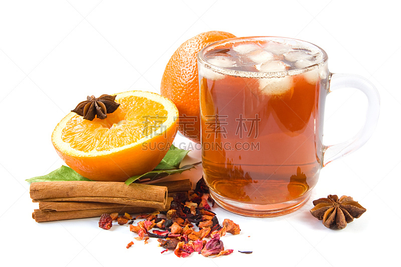 冰茶,水平画幅,无人,茴芹,饮料,橙子,白色,冰块,清新,叶子