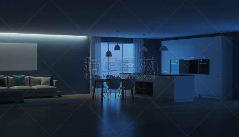 现代,三维图形,房屋,室内,夜晚,抽油烟机,窗帘,舒服,地板,炊具
