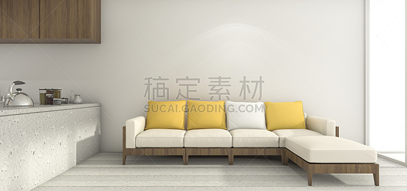 沙发,白色,黄色,极简构图,厨房,三维图形,主观视角,高视角,纹理效果,居住区