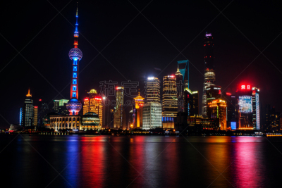 夜晚,上海,城市天际线,都市风景,航拍视角,水平画幅,建筑,无人,蓝色,黄昏