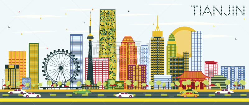 天津市,天空,蓝色,城市天际线,建筑外部,彩色图片,水平画幅,绘画插图,鸟类,都市风景