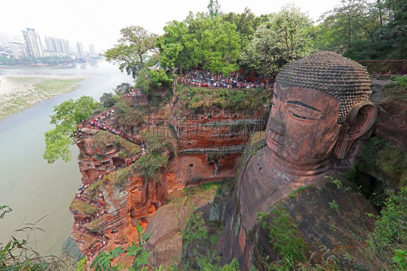 乐山大佛,乐山,大菩萨,雕像,世界遗产,石材,佛教,旅游目的地,水平画幅,无人