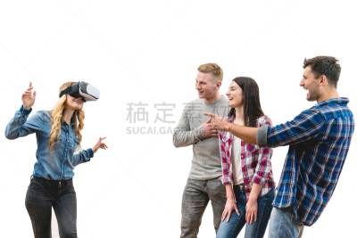 白色背景,四个人,友谊,进行中,虚拟现实,背景分离,人类居住地,技术,现代,三维图形