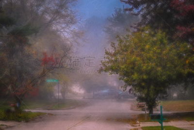 雾,北,死胡同,俄亥俄州,水平画幅,郊区,秋天,无人,2015年,早晨