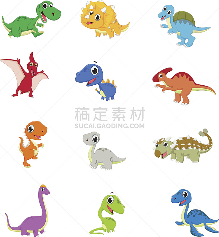 卡通,恐龙,可爱的,食肉鸟,食草动物,绘画插图,蜥蜴,巨大的,性格,三角龙