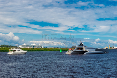 三体帆船,银色,巨大的,双体船,里加,水,天空,美,休闲活动,水平画幅