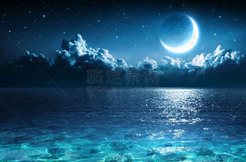 浪漫,夜晚,海洋,月亮,巫术,暗色,云景,云,梦想,波浪