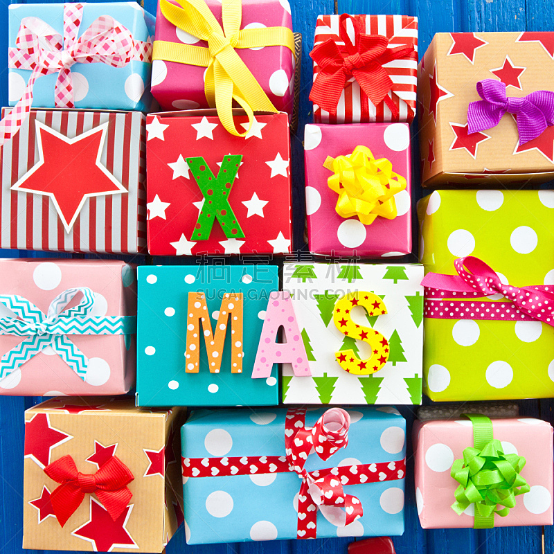 礼物,多色的,小的,纸,有包装的,式样,圣诞卡,木制,蓝色