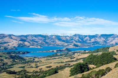 akaroa,海港,新西兰,新西兰坎特伯雷地区,水,天空,水平画幅,无人,火山地形