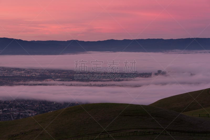 早晨,雾,硅谷,圣何塞,圣塔克莱拉县,城市扩张,水平画幅,山,无人,户外