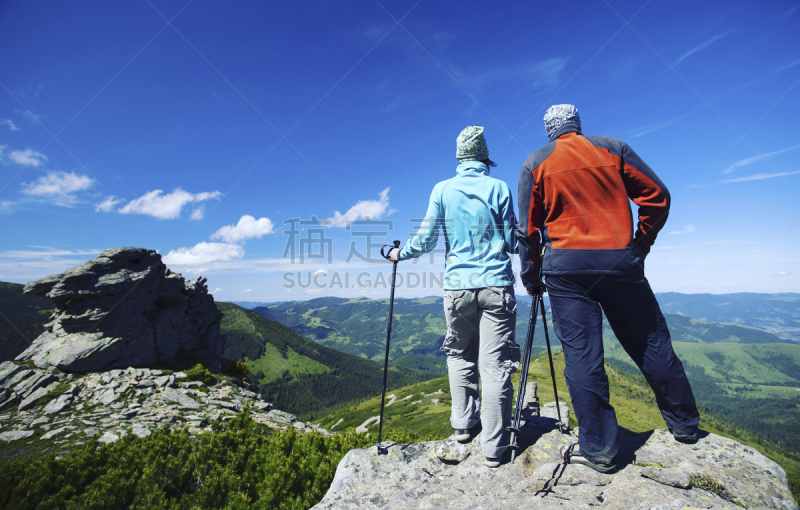 徒步旅行,夏天,山,背包,帐篷,勒马前行,小路,两个人,男性,青年人